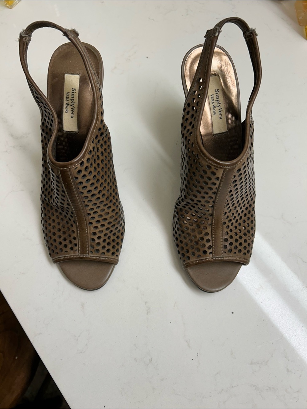 Simply Vera Vera Wang Taupe Brown Perforated Slingback Peep-Toe Mules